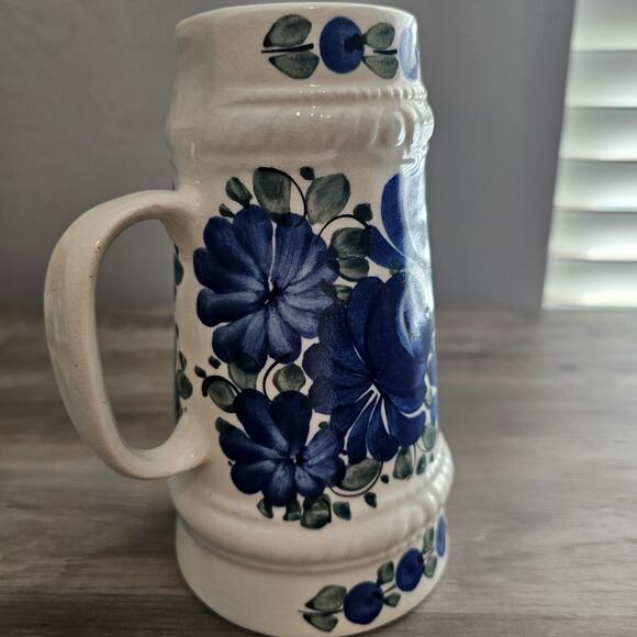 Vintage Hand Made Poland Mug Stein Hand Painted Blue White Floral Cottage Polish - Picture 2 of 12
